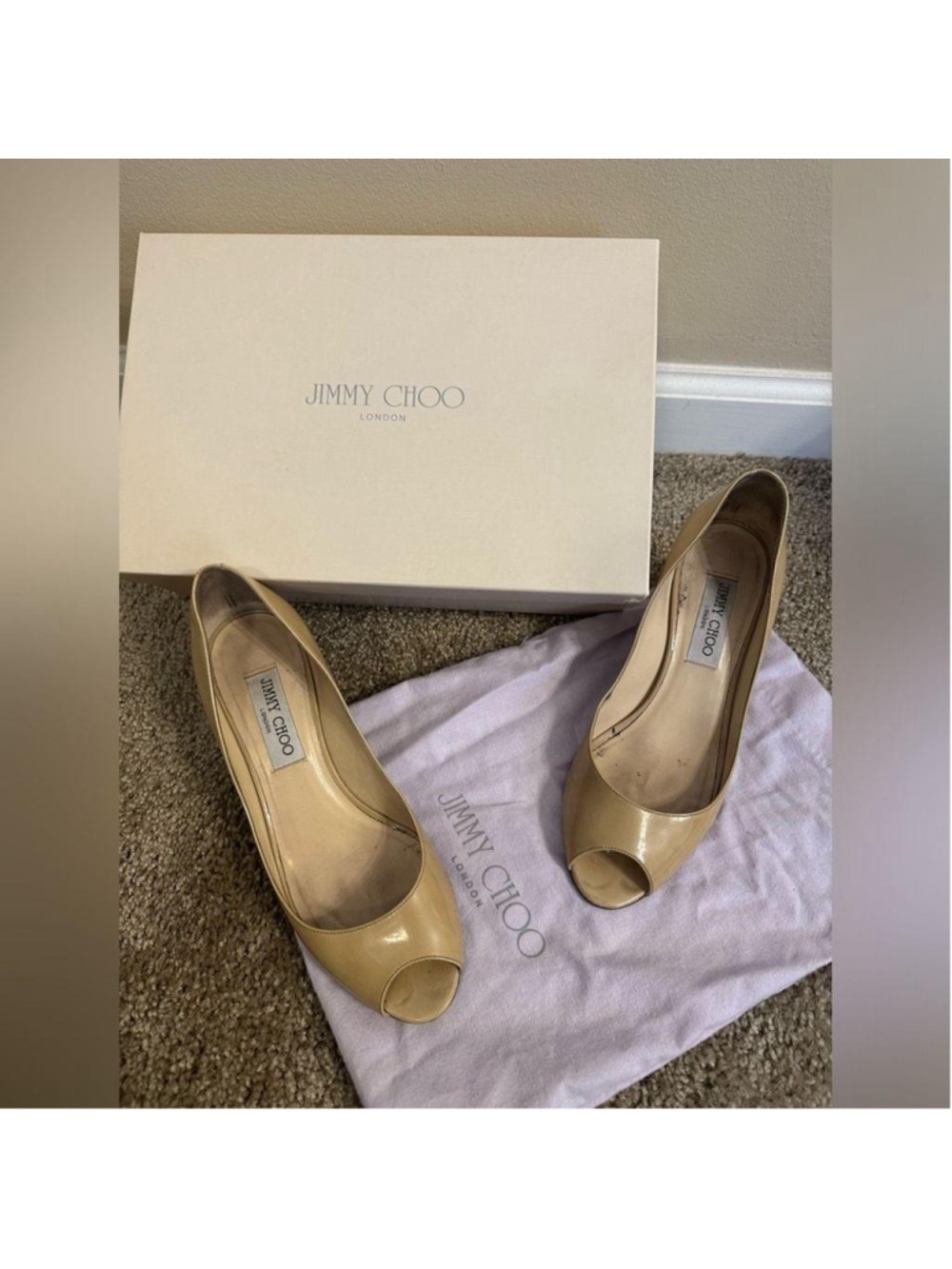 Jimmy Choo Nude Patent Leather Peep Toe Pumps Size 38 - Picture 1 of 10